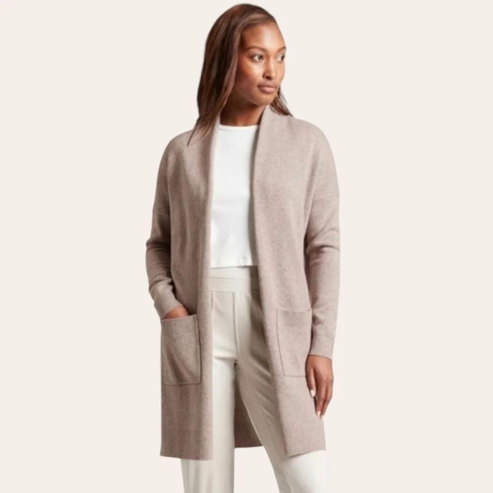 Athleta Cashmere Wool Blend Oversized Side Slit Open Front Cardigan Taupe sz S